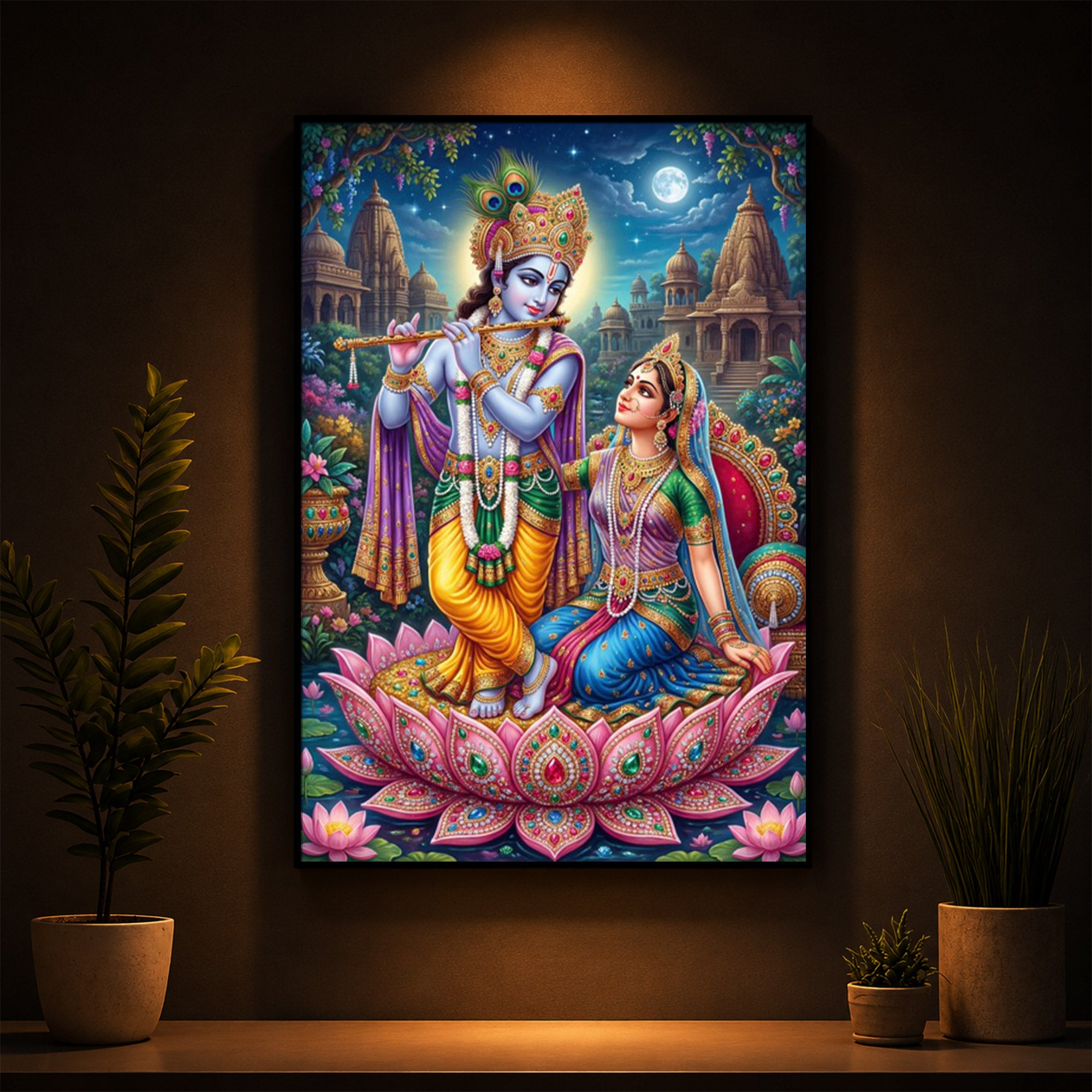 Goddess Radha and God Krishna Modern Luxury Backlight Vertical Wall Art