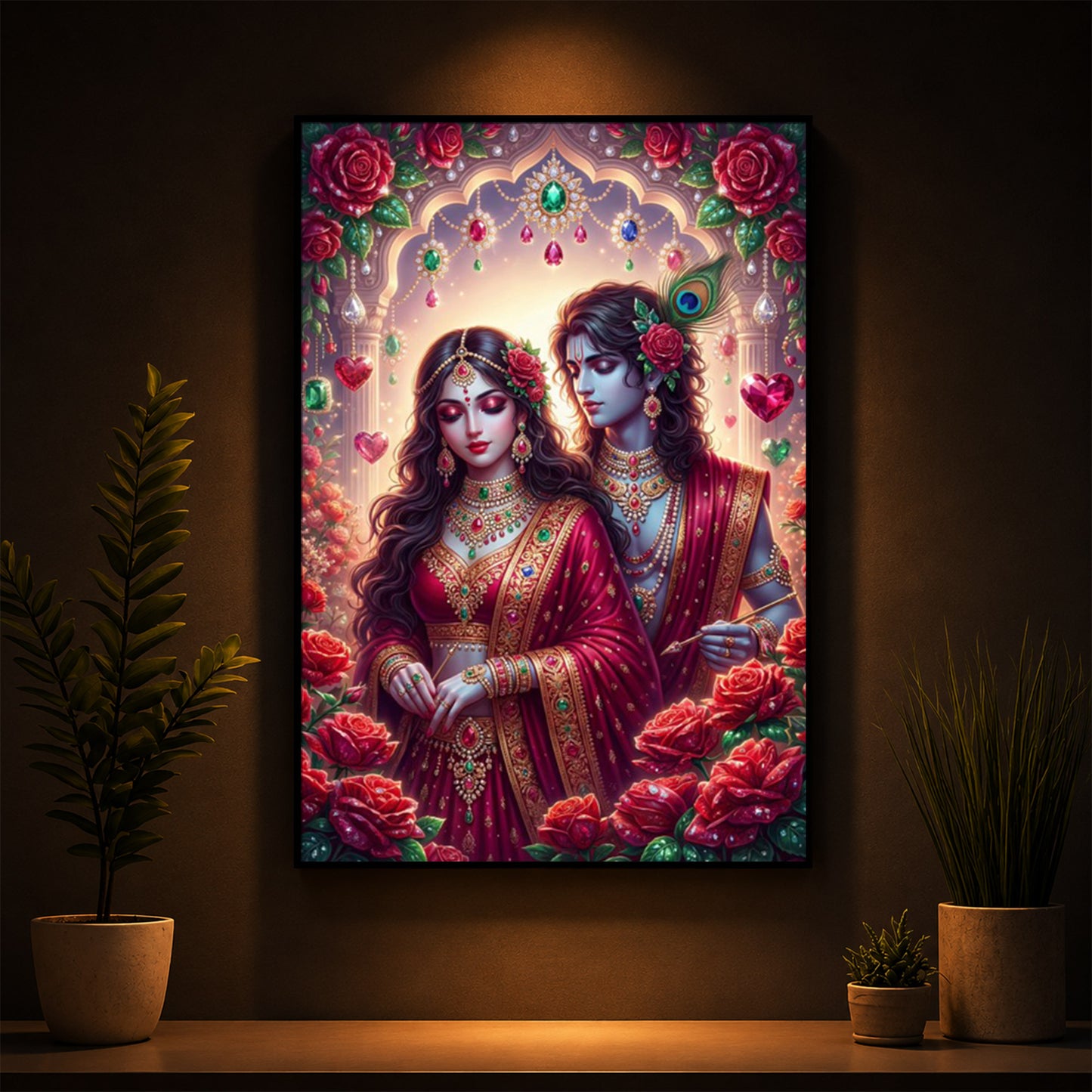 Radha Krishna Surrounded By Red Roses Modern Luxury Backlight Vertical Wall Art