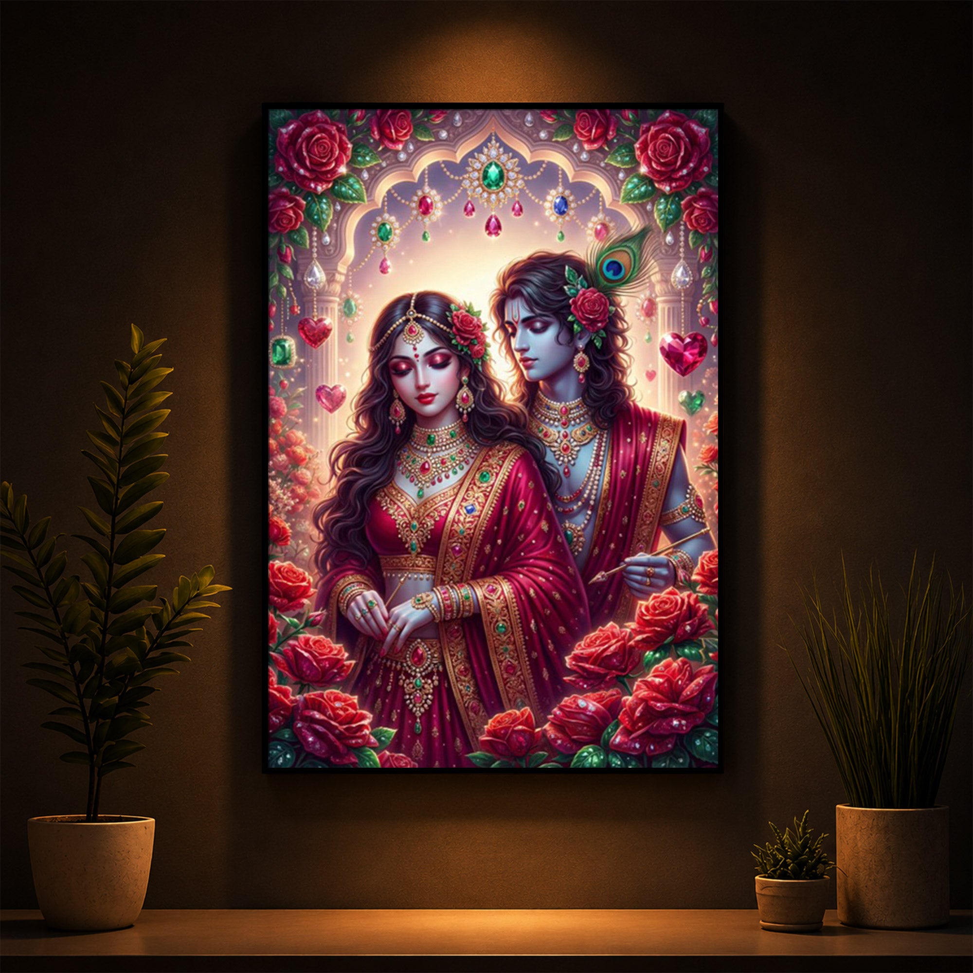 Radha Krishna Surrounded By Red Roses Modern Luxury Backlight Vertical Wall Art