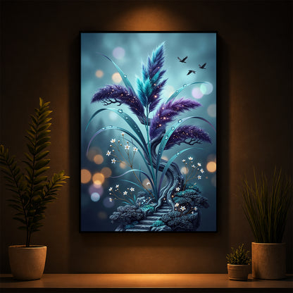 Mystical Purple Feather Plant Modern Luxury Backlight Vertical Wall Art