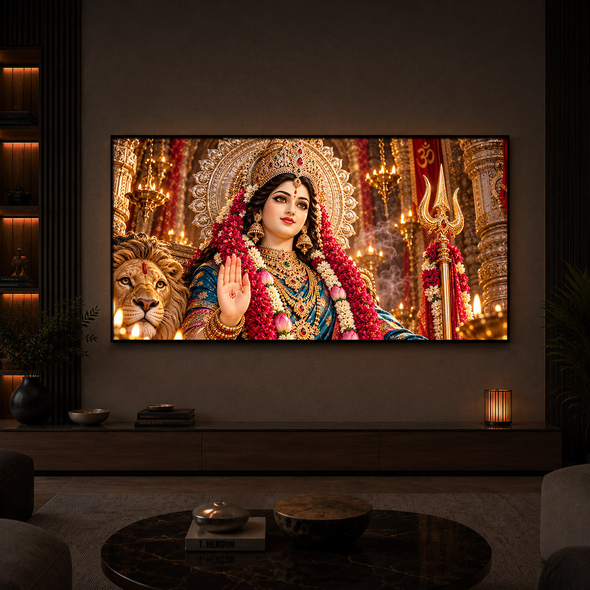 Divine Maa Durga Modern Luxury Backlight Horizontal Wall Art