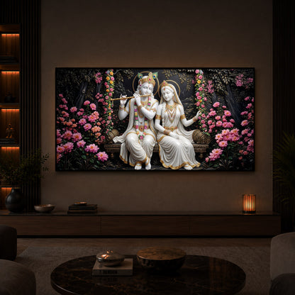Radha Krishna With Flower Modern Luxury Backlight Horizontal Wall Art