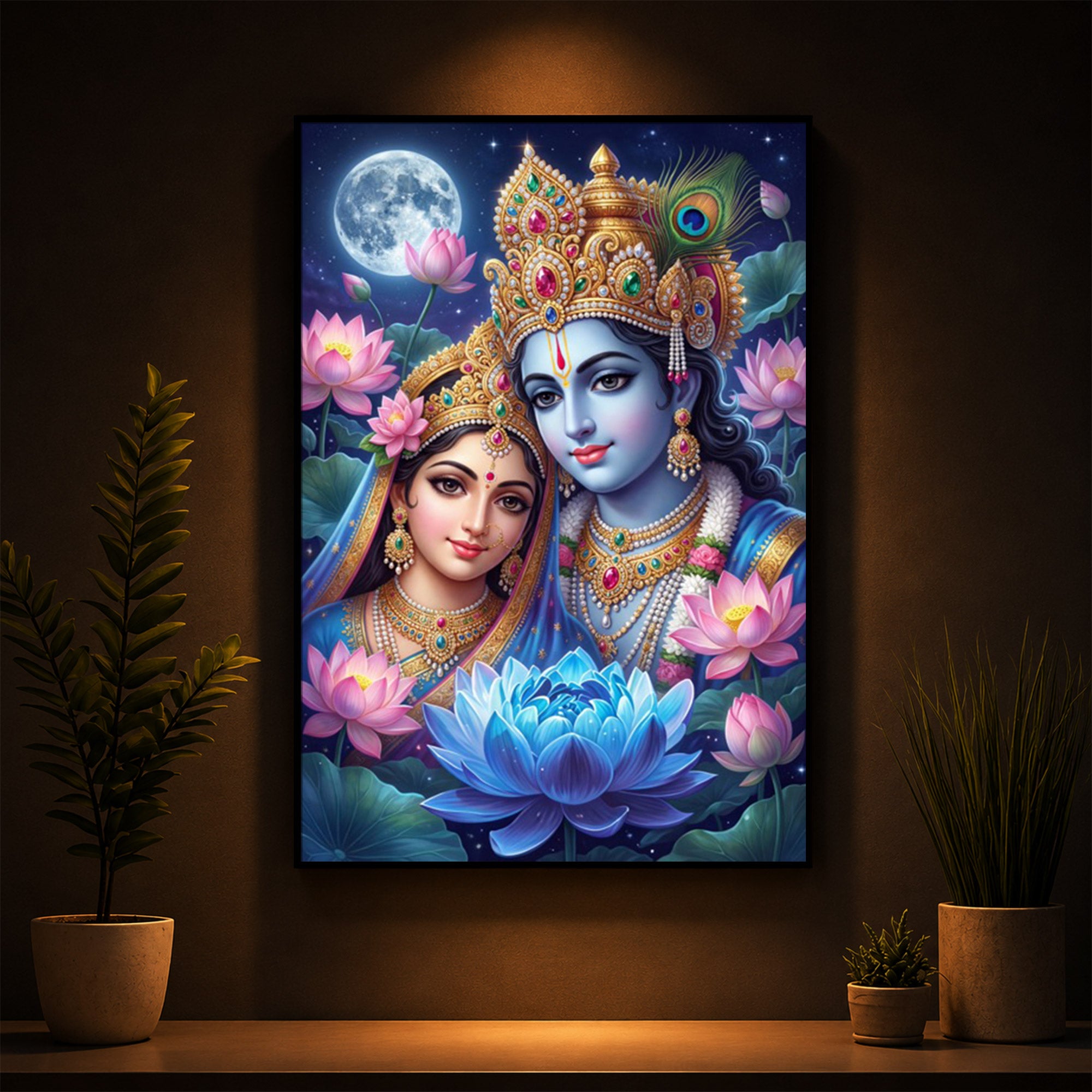 Radha Krishna Divine Togetherness Modern Luxury Backlight Vertical Wall Art