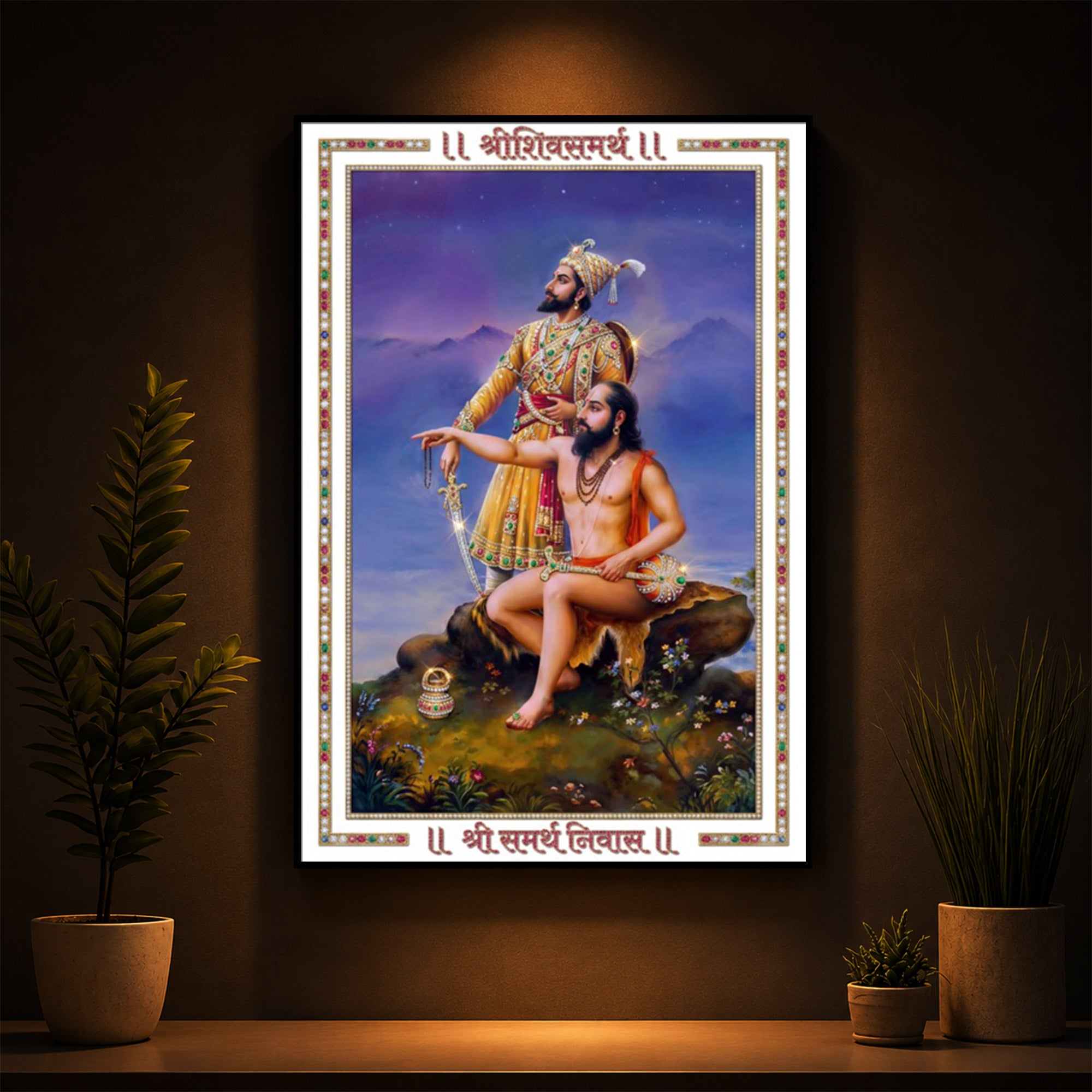 Samarth Ramdas Swami and Shivaji Maharaj Modern Luxury Backlight Vertical Wall Art