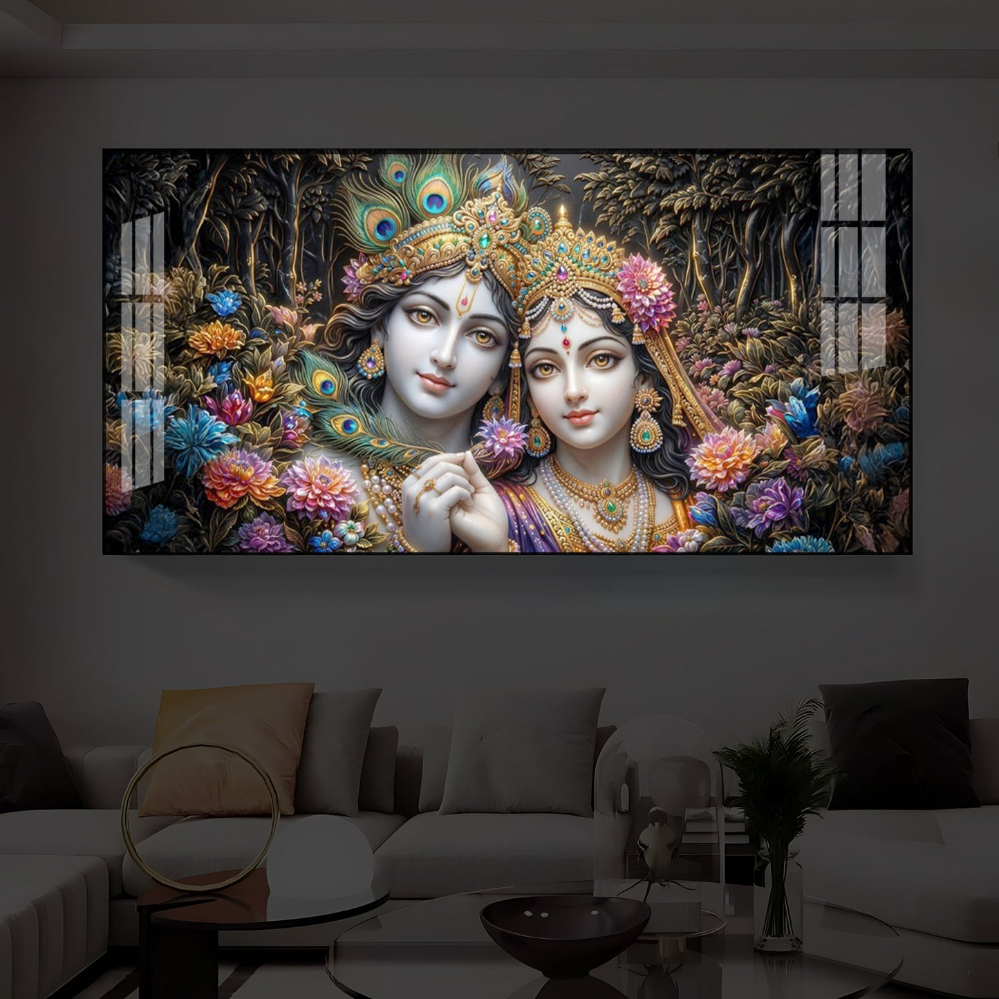 Spiritual Serenity Radha Krishna Modern Luxury Backlight Horizontal Wall Art