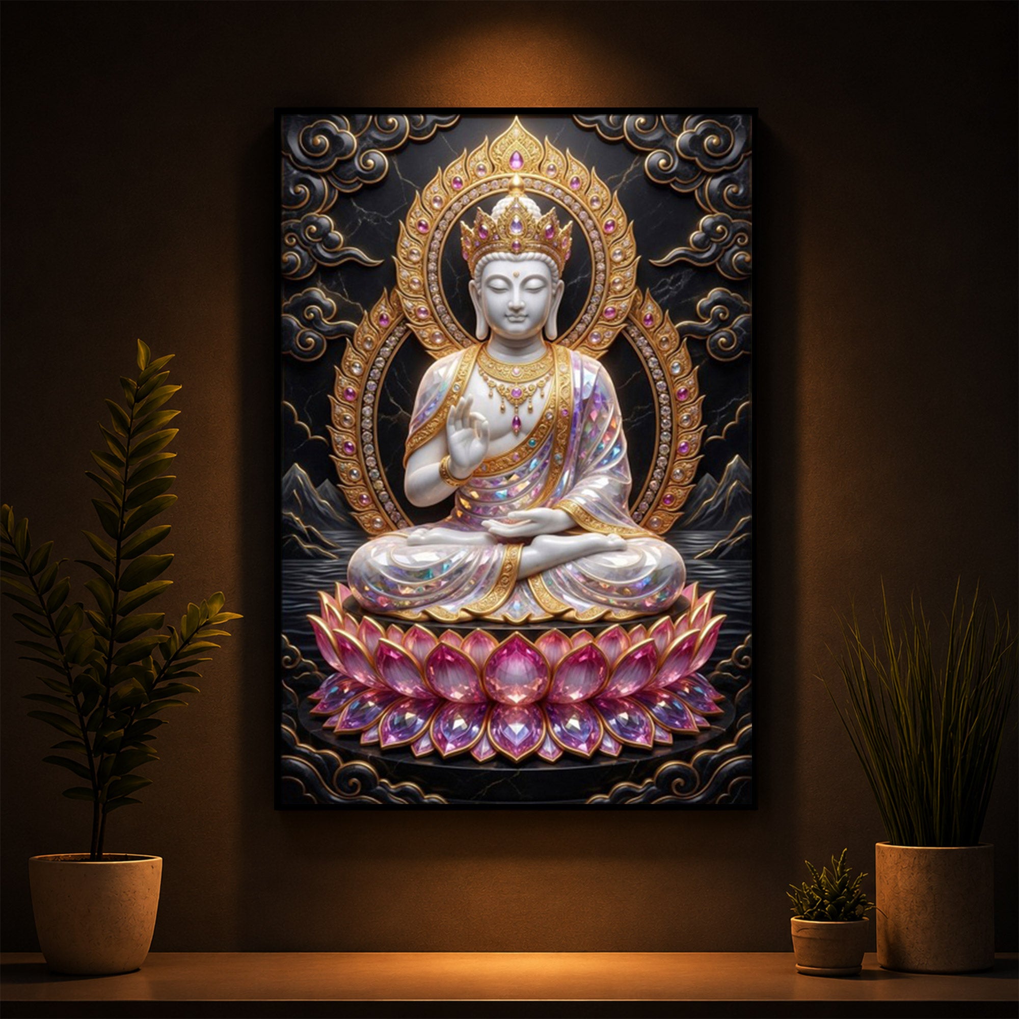 Buddha Seated On A Pink Lotus Modern Luxury Backlight Vertical Wall Art