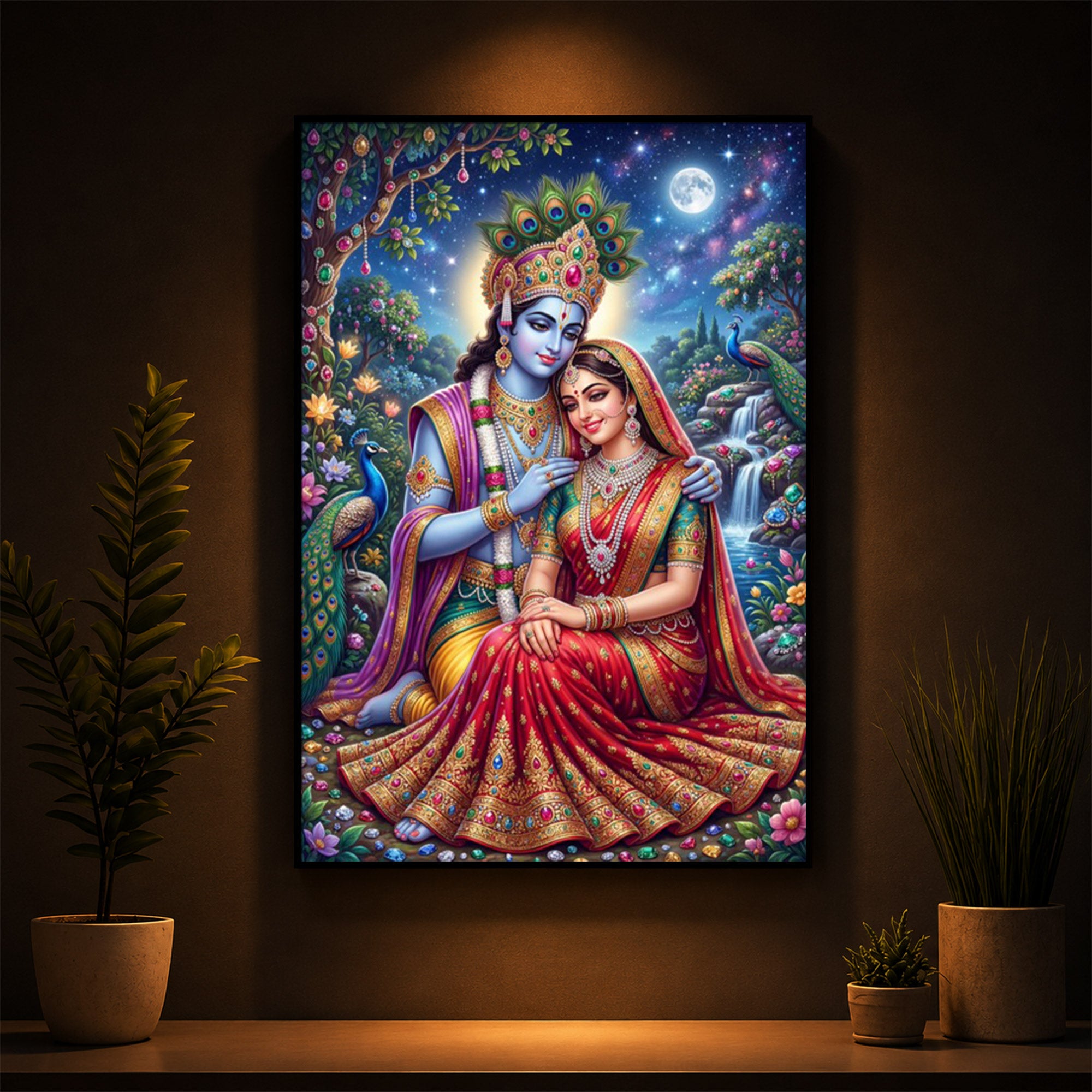 Divine Radha Krishna Serenity Modern Luxury Backlight Vertical Wall Art