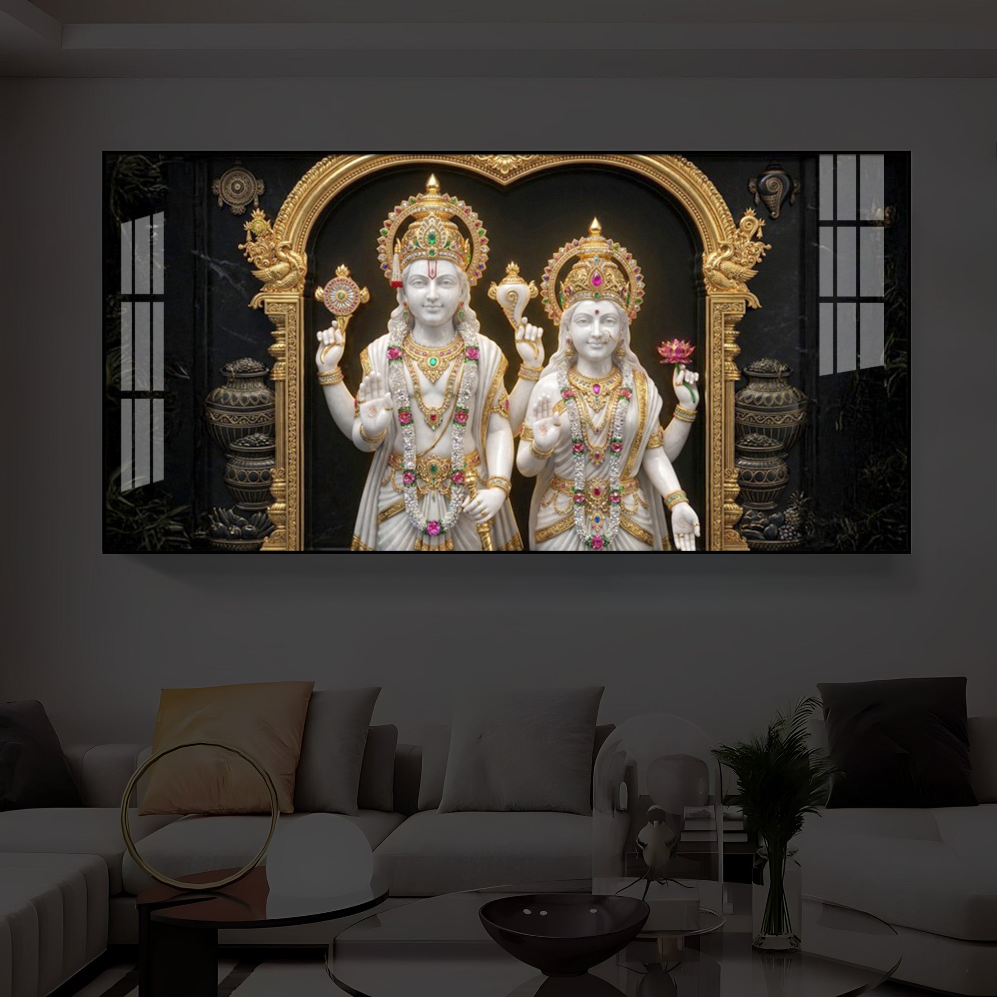 Lord Vishnu & Goddess Lakshmi Modern Luxury Backlight Horizontal Wall Art