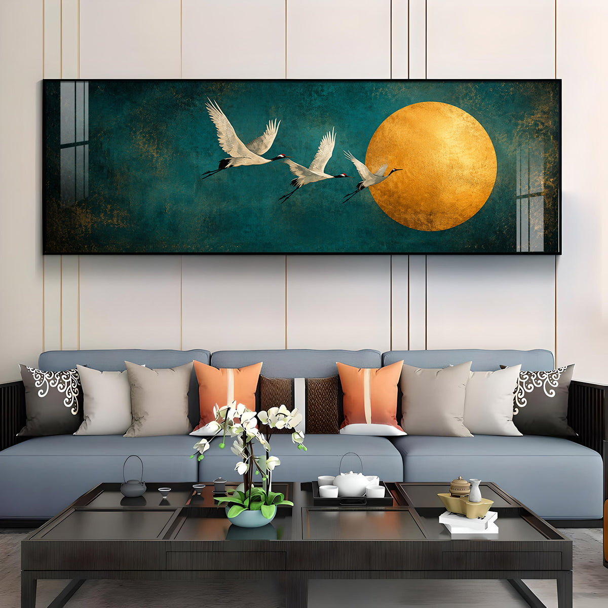 Three Cranes Golden Sun Teal Premium Acrylic Horizontal Wall Art