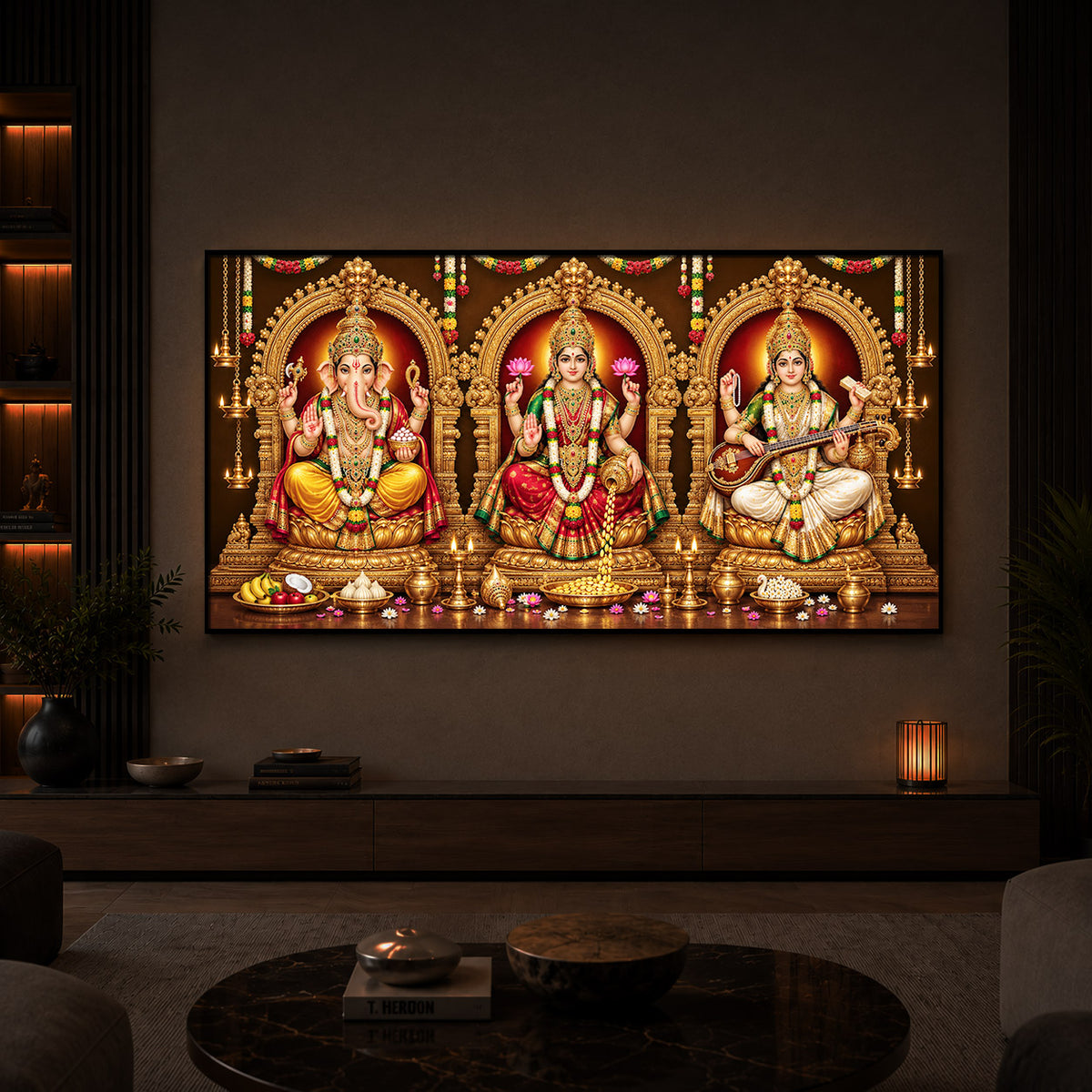 Lord Ganesha, Goddess Lakshmi, and Goddess Saraswati Modern Luxury Backlight Horizontal Wall Art