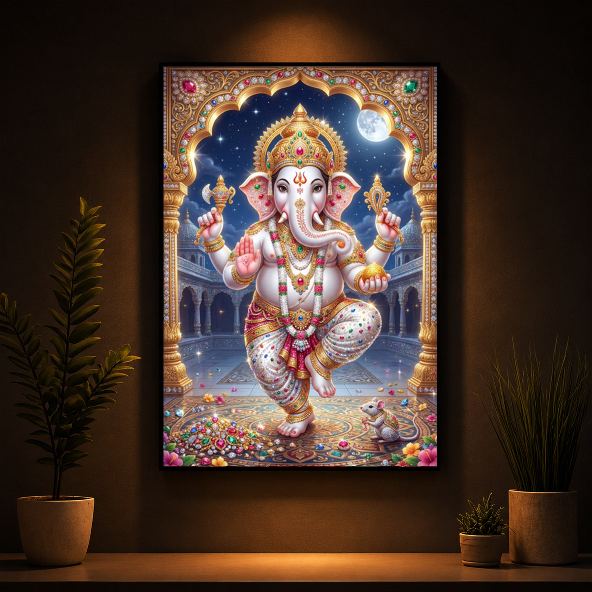 Hindu Shree Ganesh Modern Luxury Backlight Vertical Wall Art