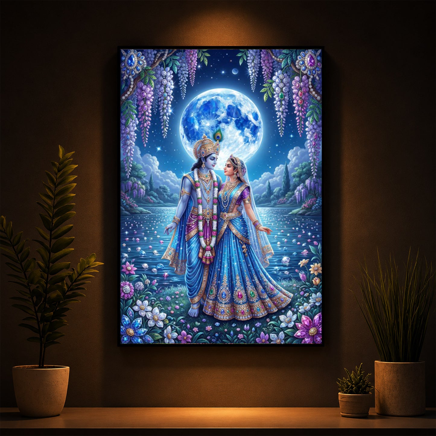 Radha & Krishna Standing Together Modern Luxury Backlight Vertical Wall Art