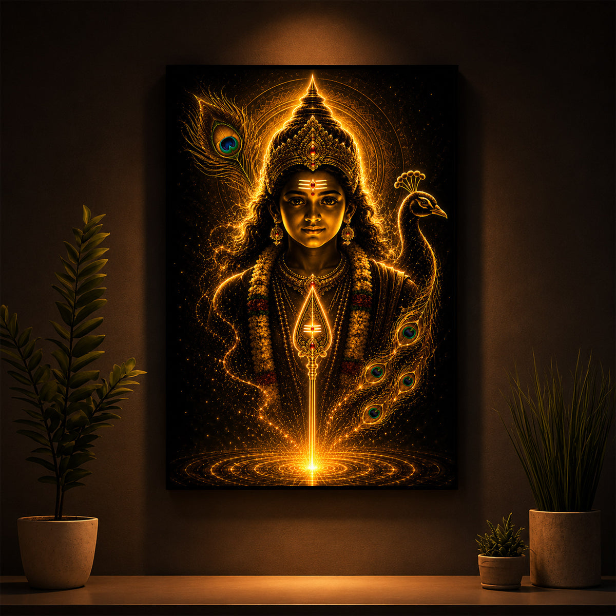Divine Murugan With Peacock Modern Luxury Backlight Vertical Wall Art