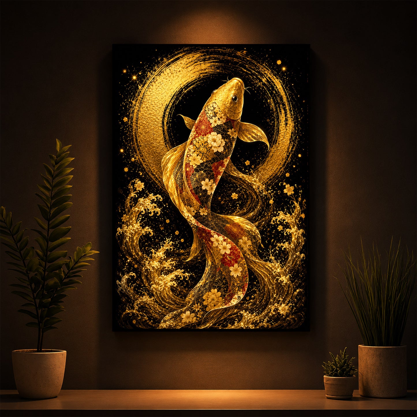 Golden Koi Fish Modern Luxury Backlight Vertical Wall Art