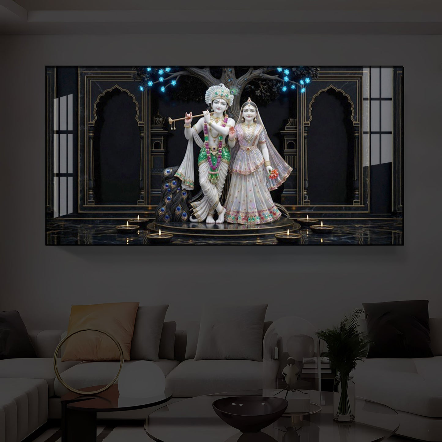 Radha Krishna With Flute Modern Luxury Backlight Horizontal Wall Art