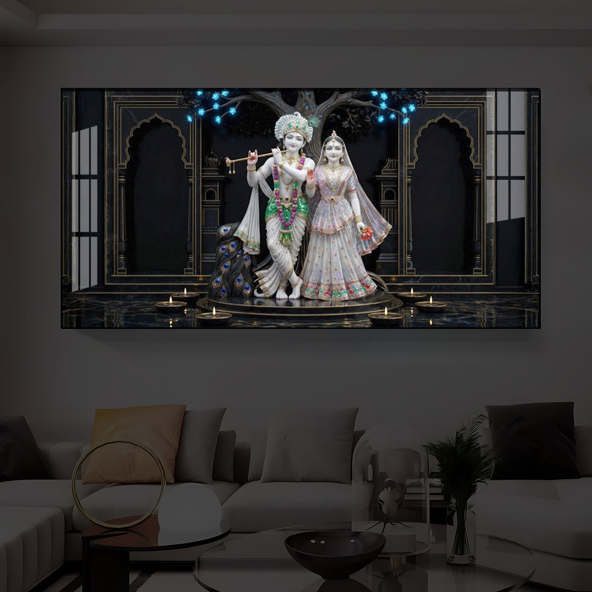 Radha Krishna With Flute Modern Luxury Backlight Horizontal Wall Art