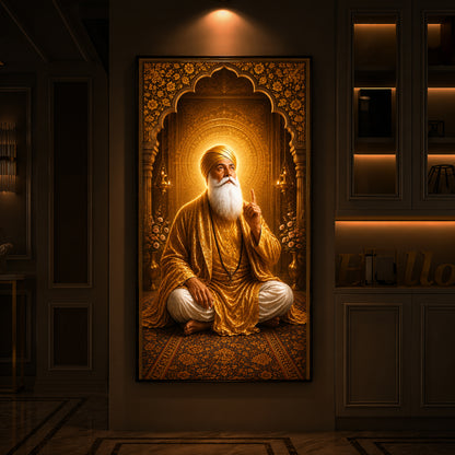 Divine Guru Nanak Dev Ji Golden Attire Modern Luxury Backlight Vertical Wall Art