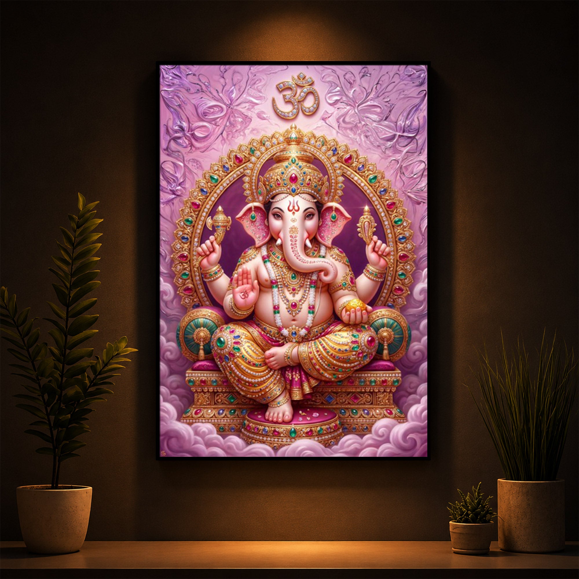 Vakratunda Mahakaya Ganesh Ji Modern Luxury Backlight Vertical Wall Art