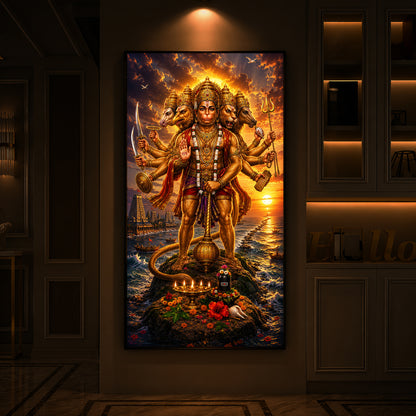 Powerful Panchmukhi Hanuman Ji Modern Luxury Backlight Vertical Wall Art