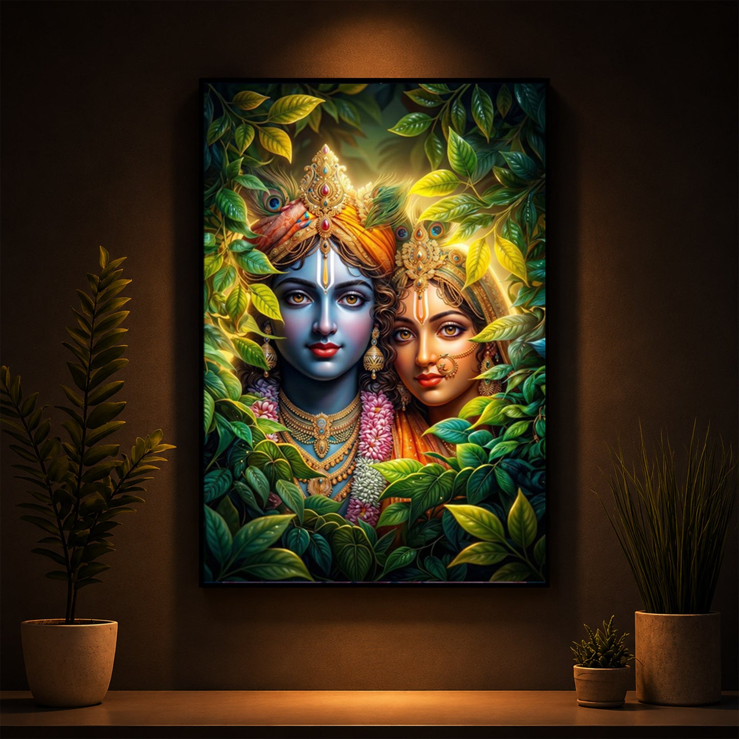 Lord Radha Krishna With Nature Modern Luxury Backlight Vertical Wall Art