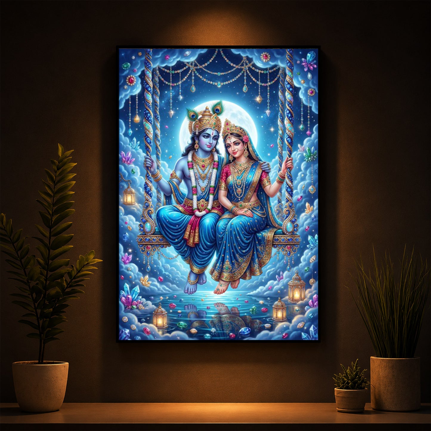 Hindu Deities Radha Krishna Modern Luxury Backlight Vertical Wall Art