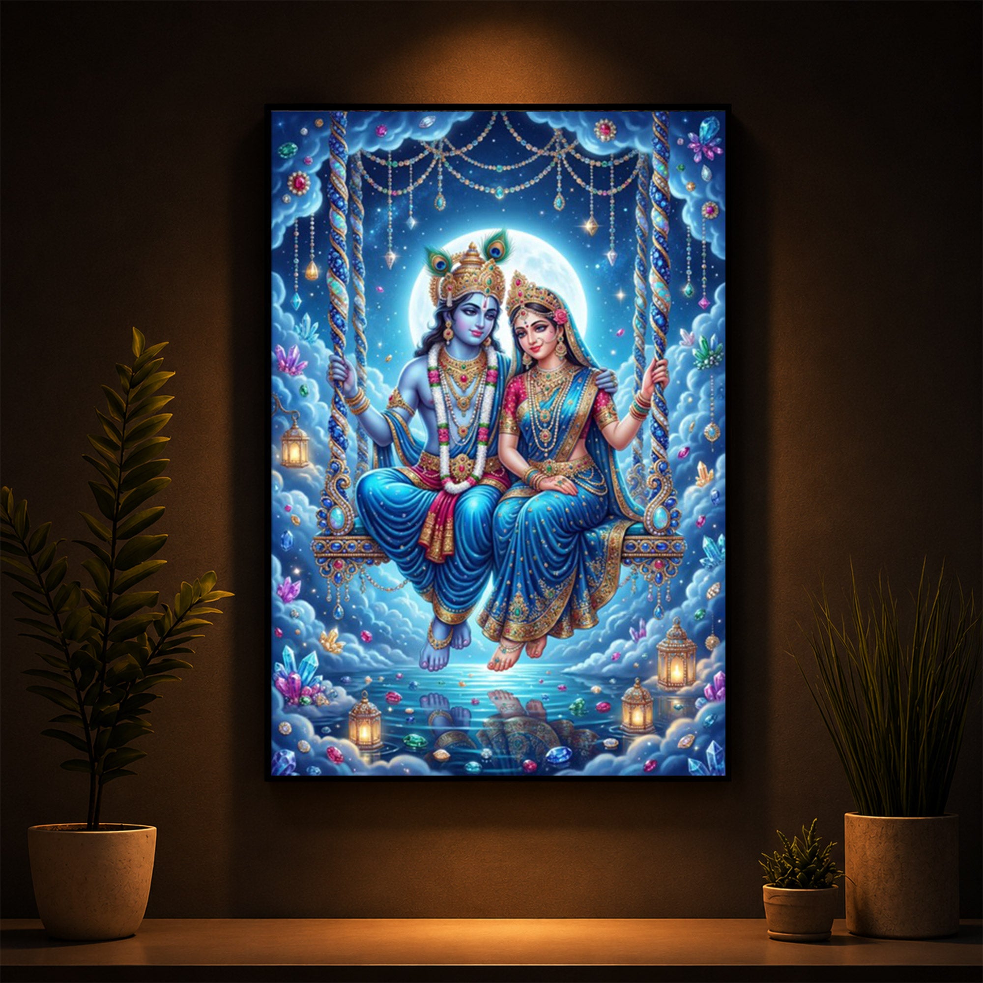 Hindu Deities Radha Krishna Modern Luxury Backlight Vertical Wall Art