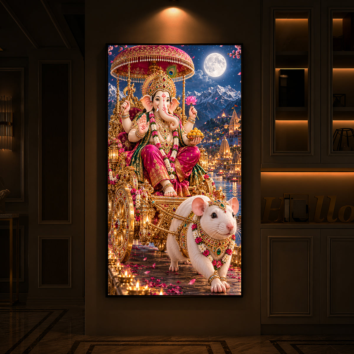 Ganapati Bappa Divine Rath Modern Luxury Backlight Vertical Wall Art