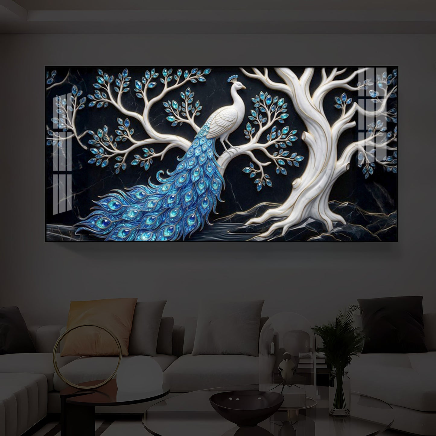 Peacock With Blue Feather Modern Luxury Backlight Horizontal Wall Art