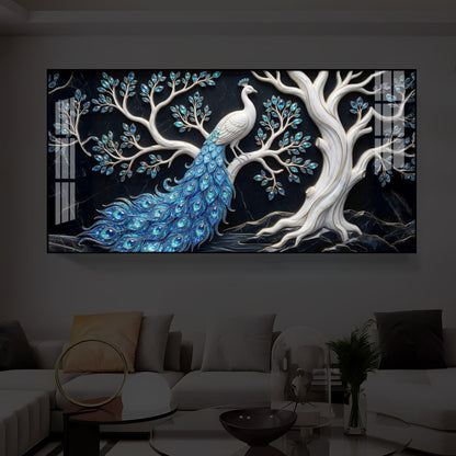 Peacock With Blue Feather Modern Luxury Backlight Horizontal Wall Art