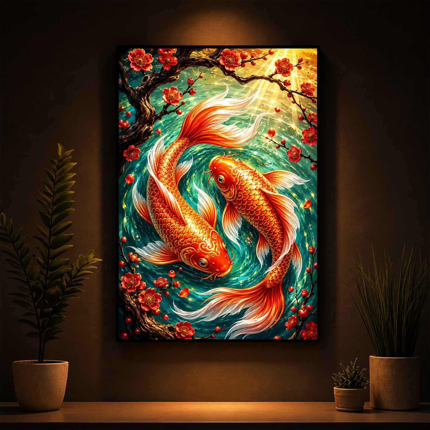 Two Beautiful Koi Fish Modern Luxury Backlight Vertical Wall Art