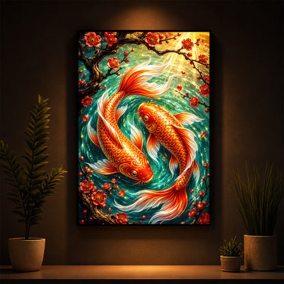 Two Beautiful Koi Fish Modern Luxury Backlight Vertical Wall Art
