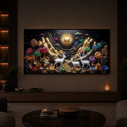 White Deer With Sun Modern Luxury Backlight Horizontal Wall Art