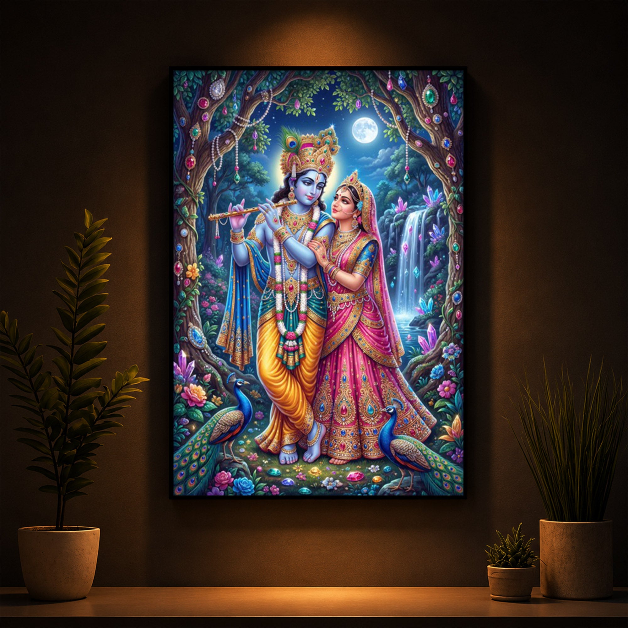 Eternal Love of Radha Krishna Modern Luxury Backlight Vertical Wall Art