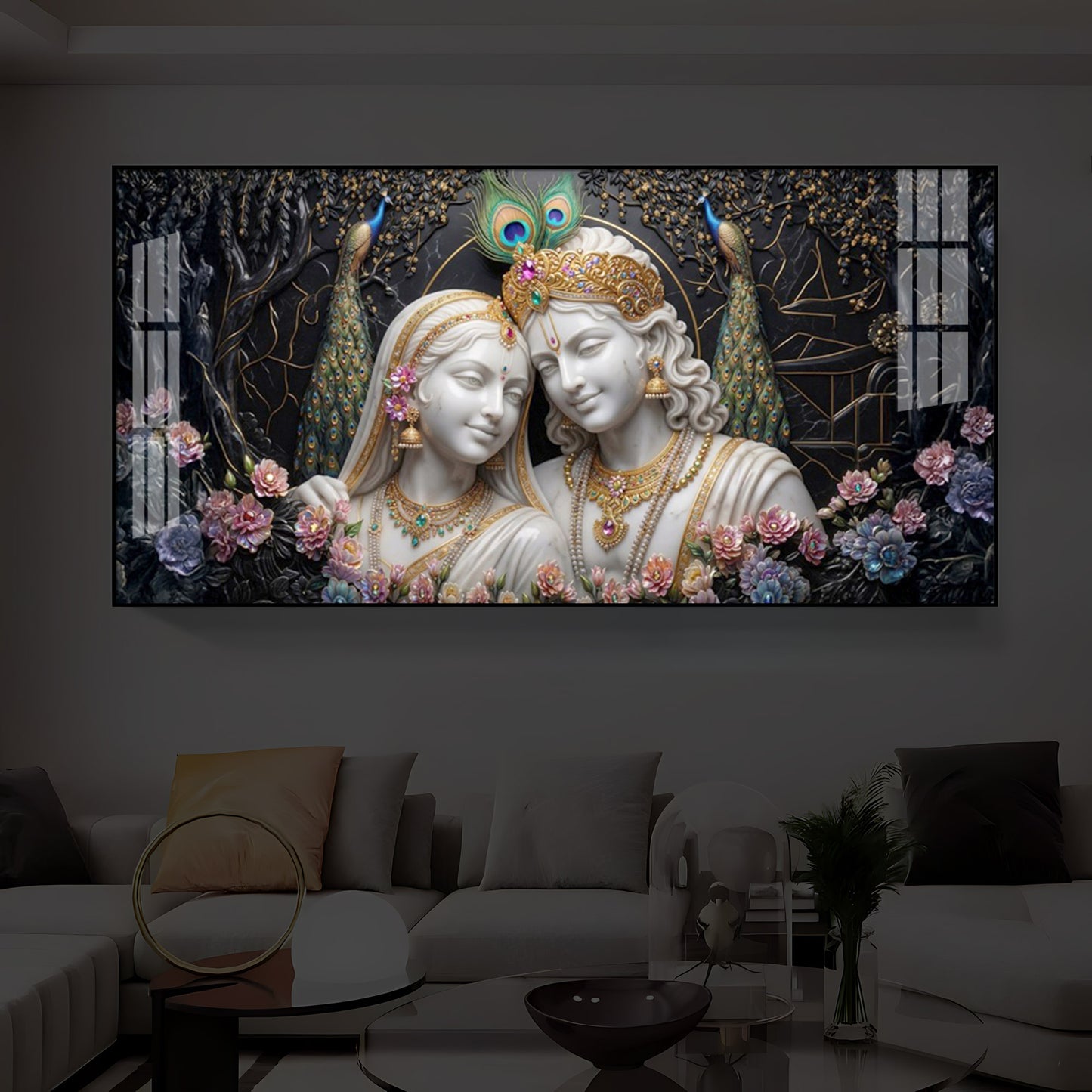 Beautiful Radha Krishna Modern Luxury Backlight Horizontal Wall Art