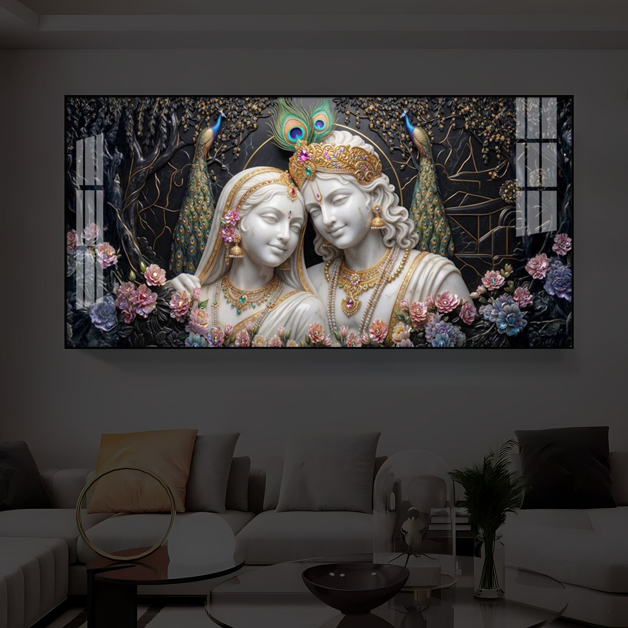 Beautiful Radha Krishna Modern Luxury Backlight Horizontal Wall Art