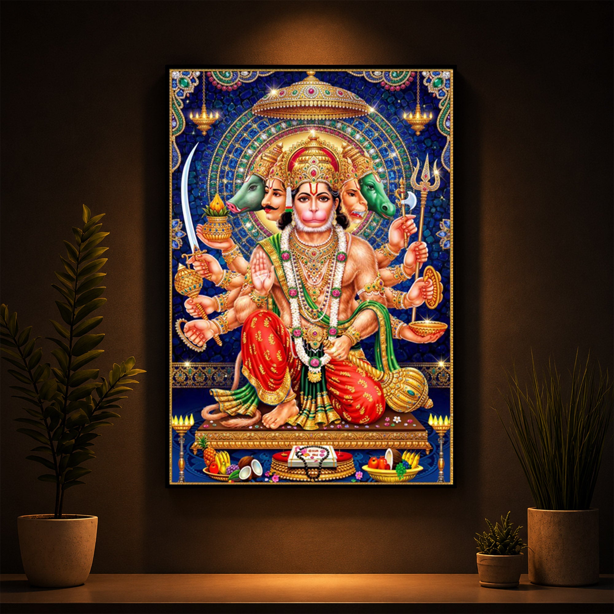 Panchamukhi Hanuman Ji Modern Luxury Backlight Vertical Wall Art