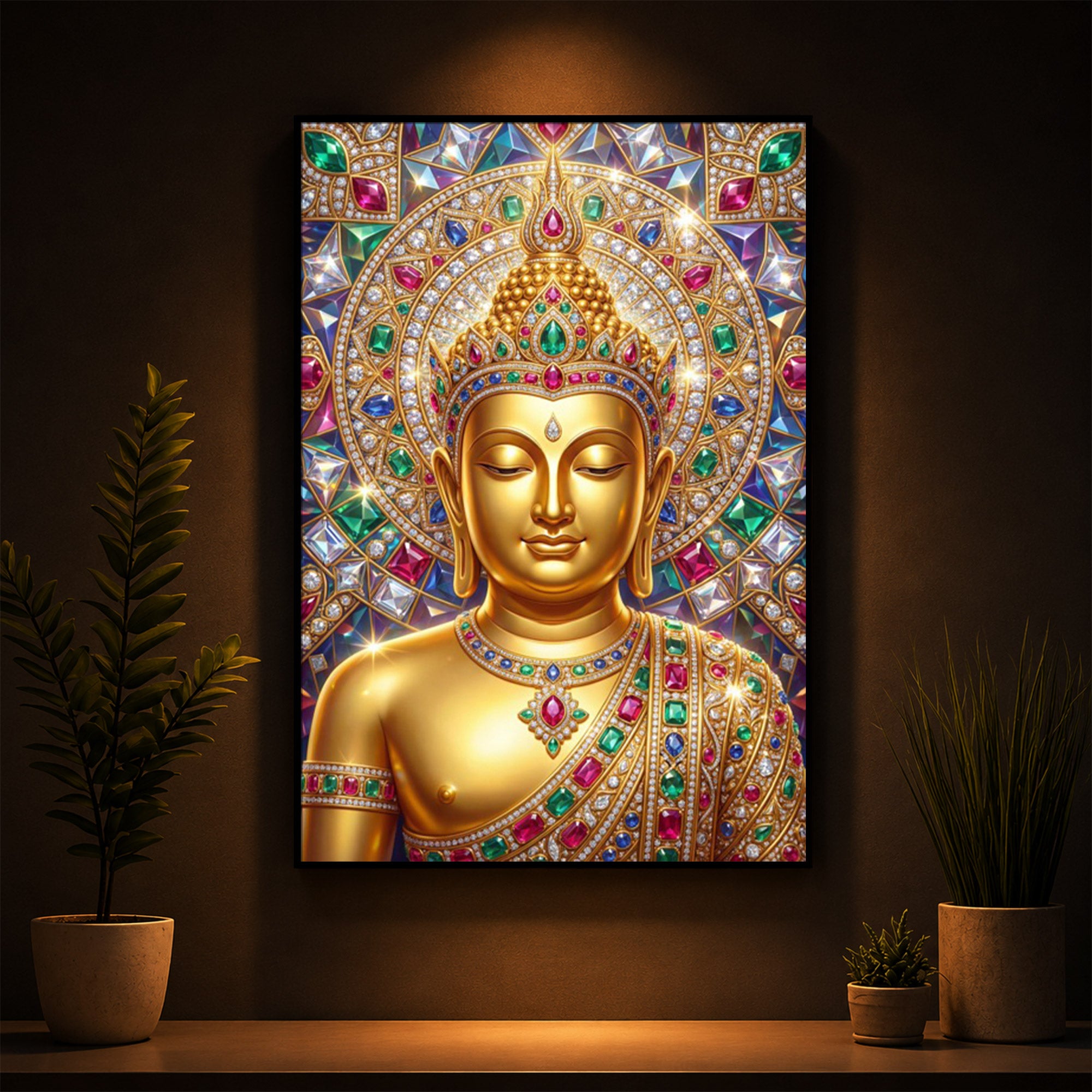 Exquisite Golden Buddha Modern Luxury Backlight Vertical Wall Art