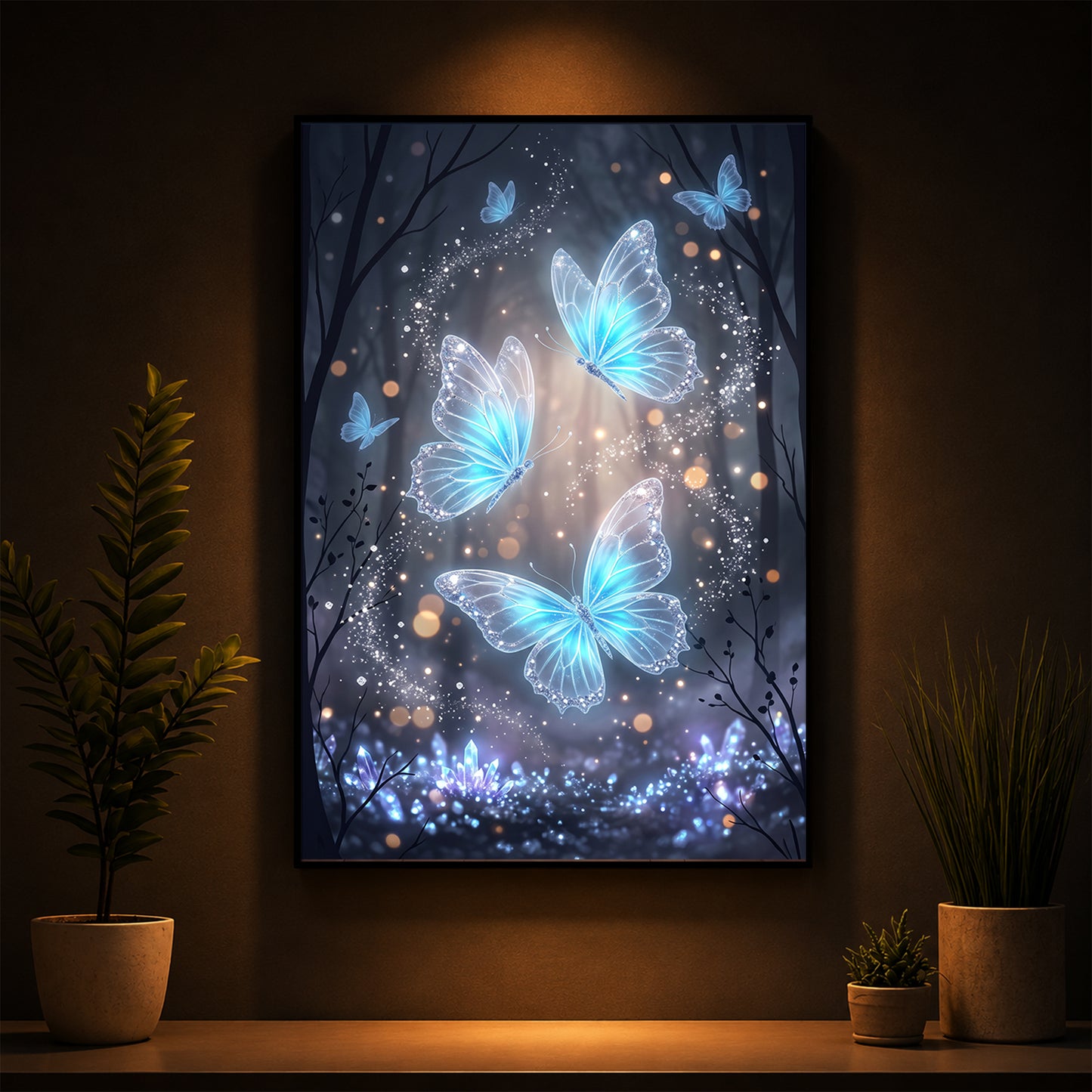 Luminous Crystal Blue Butterflies Modern Luxury Backlight Vertical Wall Art