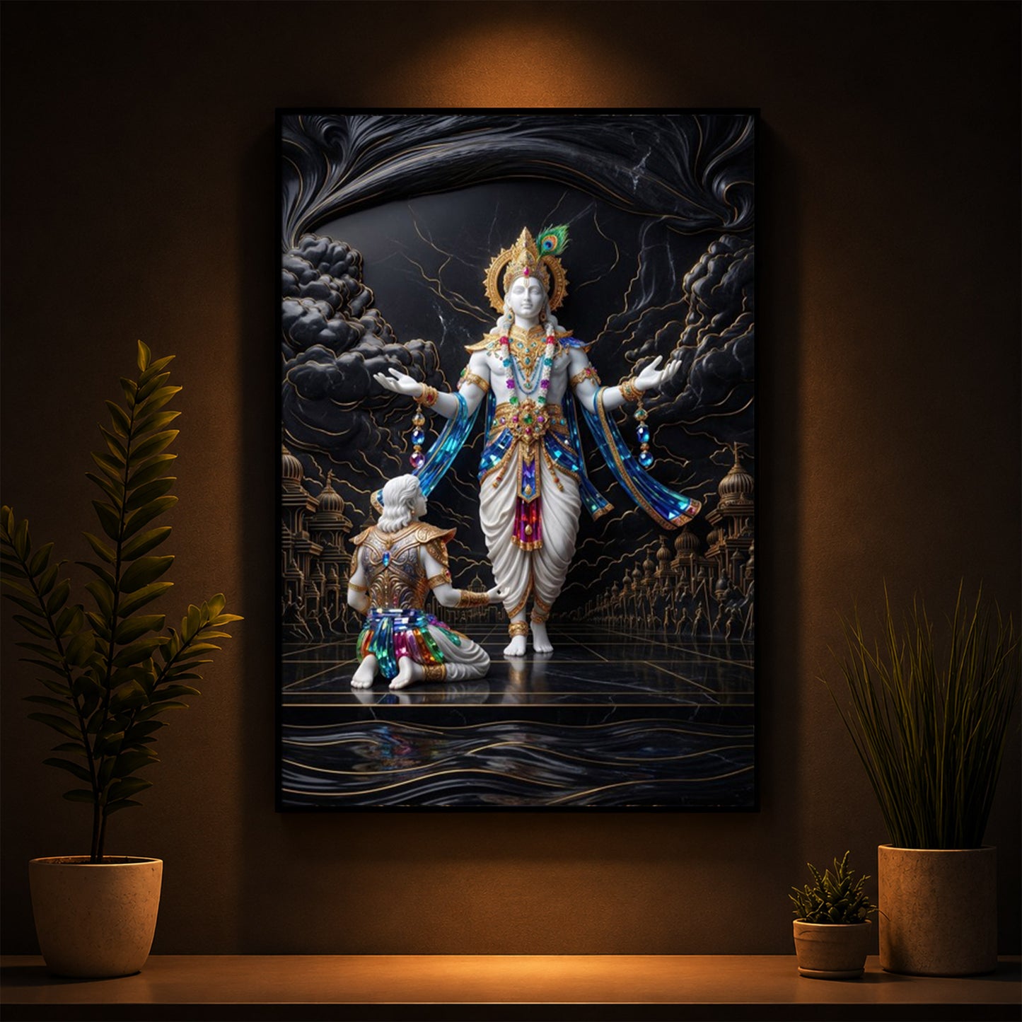 Lord Krishna With Arjuna Modern Luxury Backlight Vertical Wall Art