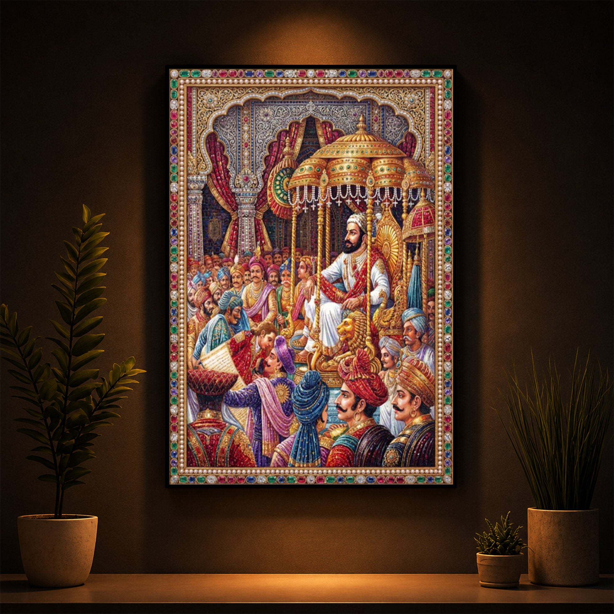 Darbar of Chhatrapati Shivaji Maharaj Modern Luxury Backlight Vertical Wall Art