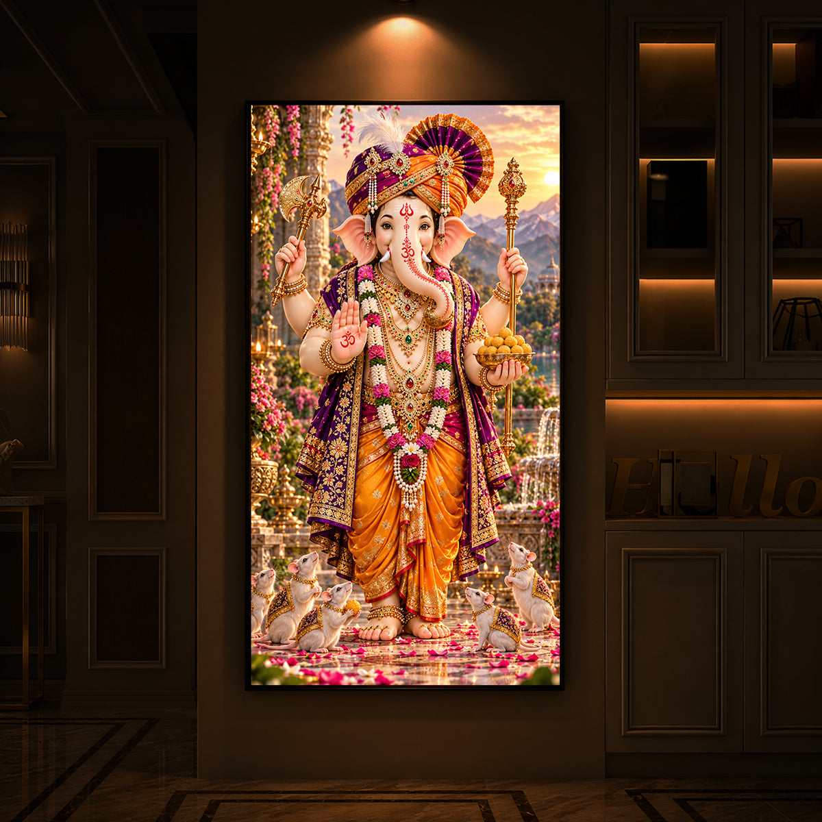 Lord Ganesha with Mushak Modern Luxury Backlight Vertical Wall Art