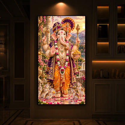 Lord Ganesha with Mushak Modern Luxury Backlight Vertical Wall Art