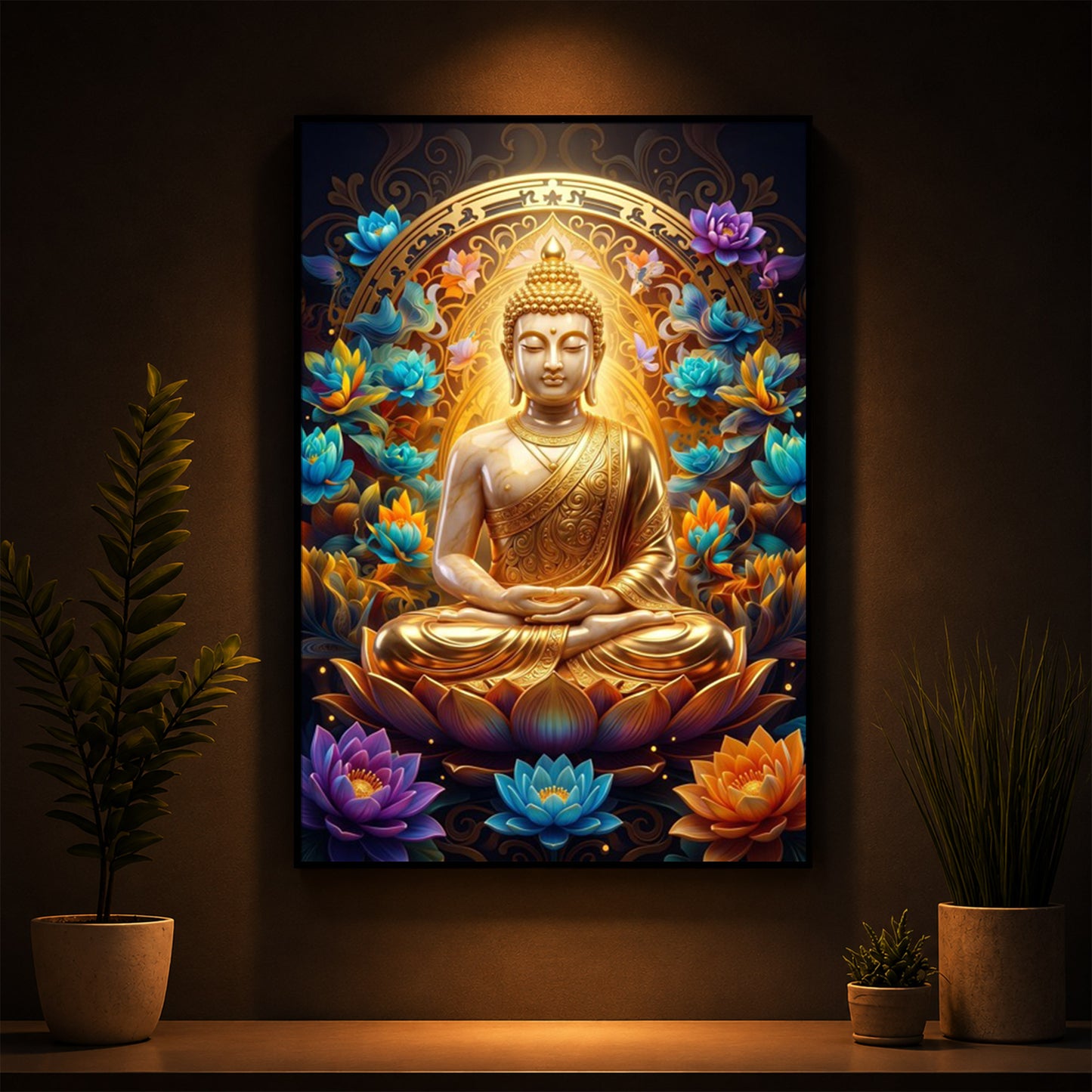 Meditating Gautam Buddha Modern Luxury Backlight Vertical Wall Art