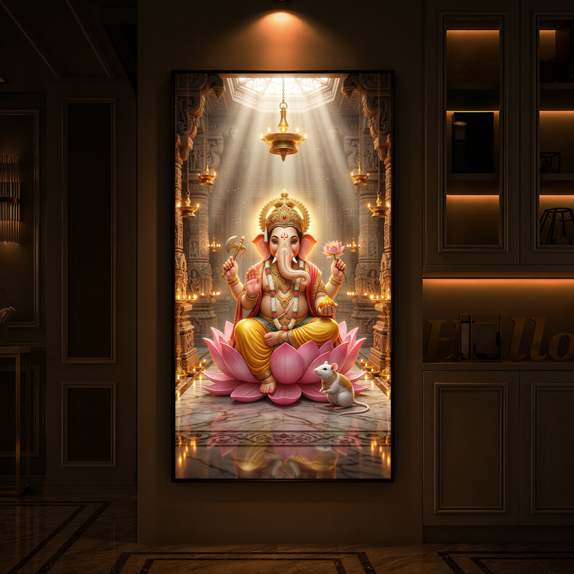 Lord Ganesh Ji On Lotus Modern Luxury Backlight Vertical Wall Art