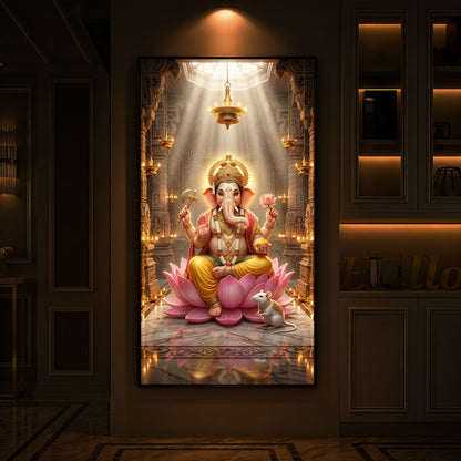 Lord Ganesh Ji On Lotus Modern Luxury Backlight Vertical Wall Art