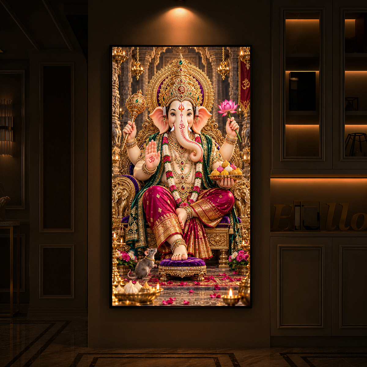 Ganapati Bappa Golden Throne Modern Luxury Backlight Vertical Wall Art