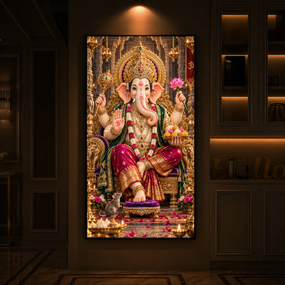 Ganapati Bappa Golden Throne Modern Luxury Backlight Vertical Wall Art