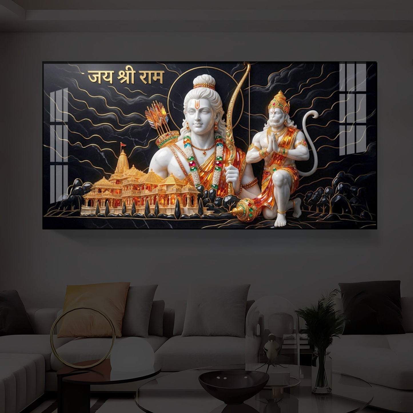 Lord Ram With Lord Hanuman Modern Luxury Backlight Horizontal Wall Art