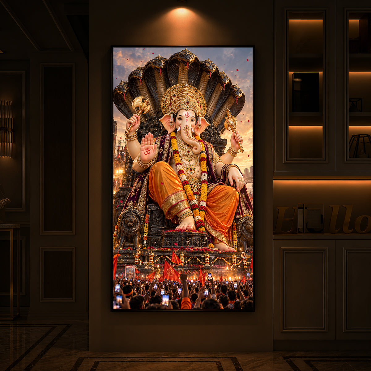 Lalbaugcha Raja Divine Darshan Modern Luxury Backlight Vertical Wall Art