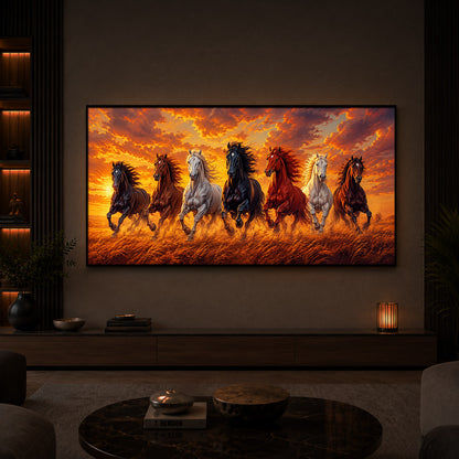 7 Running Horses With Sunset Modern Luxury Backlight Horizontal Wall Art